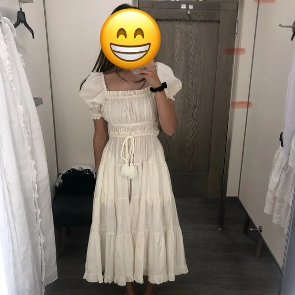 knee length dresses for ladies Cream Puff Sleeve Back Tie Dress S